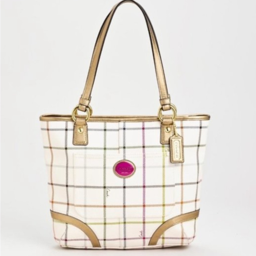 authentic Coach white plaid heritage tote bag